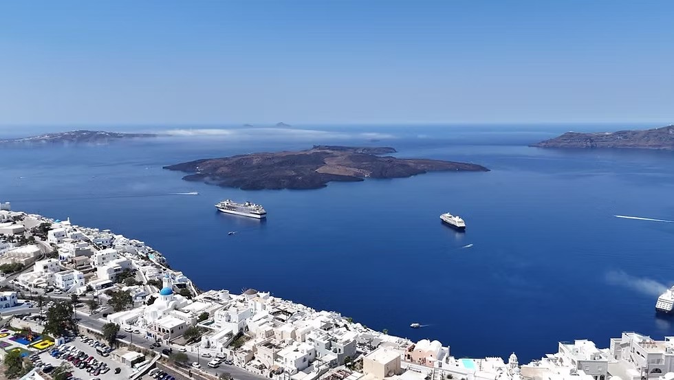 The Santorini caldera at sunset